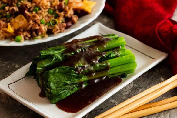 A pyramid of gai laan with glossy oyster sauce.