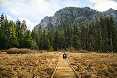 Man walking on the boardwalk at Cook's Meadow. Yosemite National Park. USA.