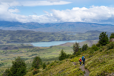 hikers on the famous W Trek in Torres del Paine National Park in Patagonia, Chile