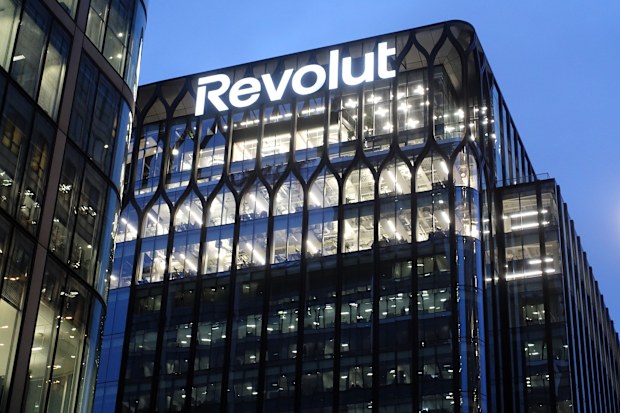 Canary Wharf, London, England, UK - February 9th, 2026: View of the exterior of the Revolut global headquarters building in Canary Wharf, London
