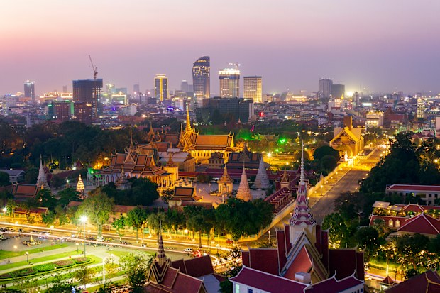 Aerial photo of The Royal Palace Phnom Penh, Cambodia, with the city skyline in the background