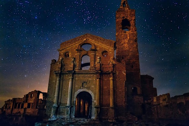 5. Spain Facade of the Church of San Martín de Tous with a starry sky. Belchite, Zaragoz