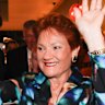 Pauline Hanson enters the One Nation election party at the Bended Elbow.