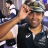 Langi Gleeson had an unfortunate run-in with two magpies at his first Wallabies training session.