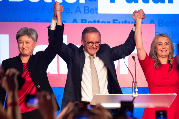 Prime Minister Anthony Albanese on election night with Foreign Affairs Minister Penny Wong and Albanese’s partner Jodie Haydon.