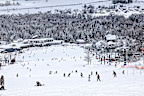 People enjoying winter sports on a crowded snowy run at a popular Japanese resort.