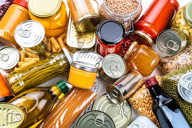 Stock image of tinned foods and pantry staples