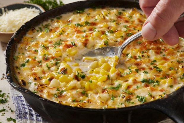 Skillet Creamed Corn Au Gratin with Garlic and Parmesan Cheese