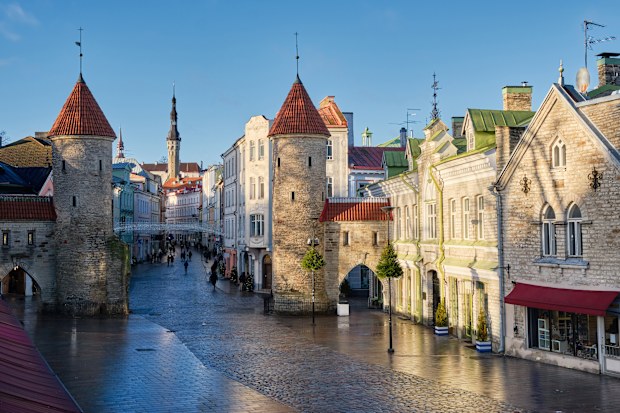 Old medieval Viru Gate in Tallinn city. Cityscape of old town of Tallinn, Estonia.