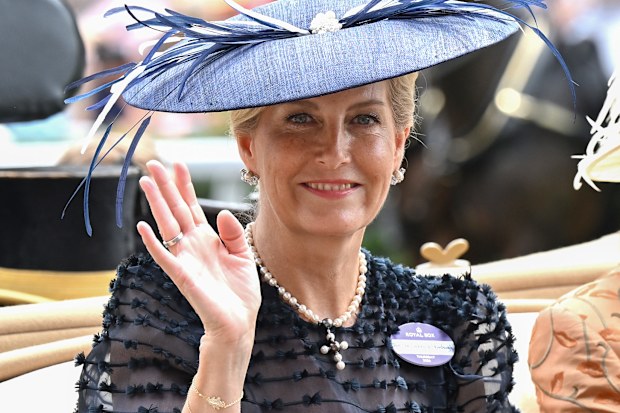 Sophie, Duchess of Edinburgh smiles and waves as she attends day three of Royal Ascot 2026 at Ascot Racecourse on June 18, 2026 in Ascot, England. (Photo by Samir Hussein/WireImage)