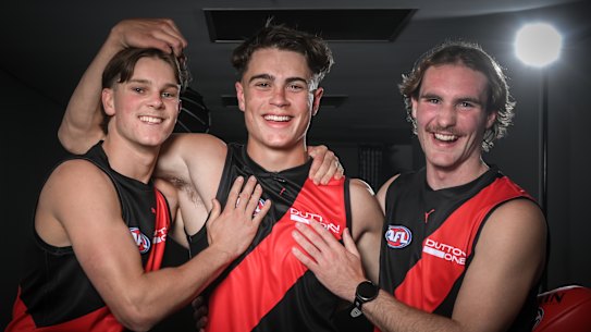Essendon’s 2025 first-round selections, Jacob Farrow, Sullivan Robey, and Dyson Sharp.