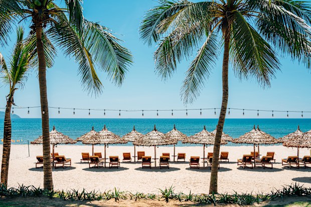My Khe Beach with parasol and sunbed in Da Nang, Vietnam