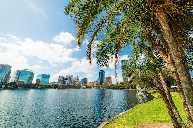 Palm trees and skyscrapers in Lake Eola park in Orlando. Florida, USA