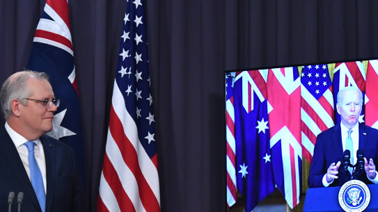 Scott Morrison announces the AUKUS deal with Joe Biden and Boris Johnson.