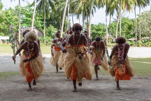Karumolun Village, Marulaon Island, Solomon Islands - June 23, 2017: Some women of the tribe perform traditional dances for their guests.