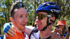 Winner Stephen Williams (left) and Australian competitor Simon Clarke celebrate after the Tour Down Under.