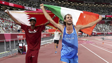 Mutaz Essa Barshim and Gianmarco Tamberi tied for gold in the high jump.