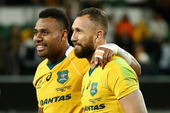 Japan’s attack coach has credited Australia’s turnaround to Samu Kerevi and Quade Cooper, pictured here after beating Argentina in 2016, as the Wallabies and Pumas prepare to lock horns again.
