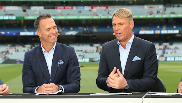 Fox Cricket commentators Michael Vaughan and Shane Warne in 2019. 