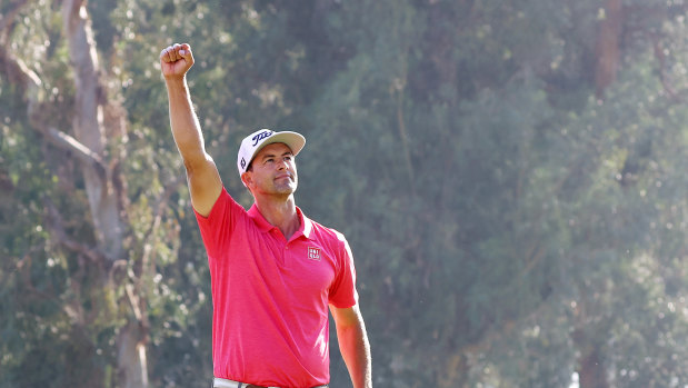 Adam Scott celebrates winning the Riviera PGA in Los Angeles.