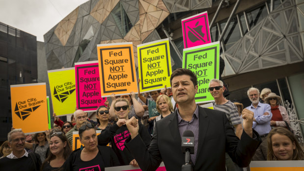 A protest in February against the planned demolition at Federation Square to make way for an Apple store.