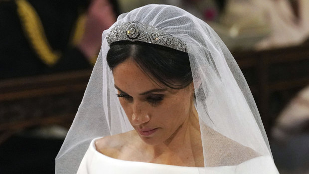 Meghan Markle wore the Queen Mary's diamond bandeau tiara, lent to her by the Queen.