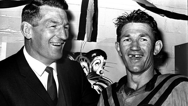 Norm Provan congratulates brother Peter after his man-of-the-match performance for Balmain.