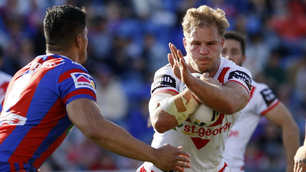 Breathing fire: Jack de Belin in action for the Dragons against Newcastle last season.