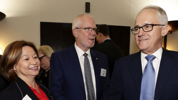 Former managing director Michelle Guthrie, chairman Justin Milne and former PM Malcolm Turnbull in August.
