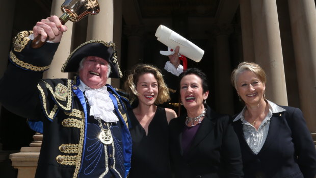 Town crier Graham Keating pictured in 2016 with Jess Miller, Sydney lord mayor Clover Moore and Kerryn Phelps.