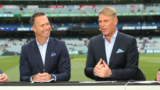 Fox Cricket commentators Michael Vaughan and Shane Warne in 2019. 