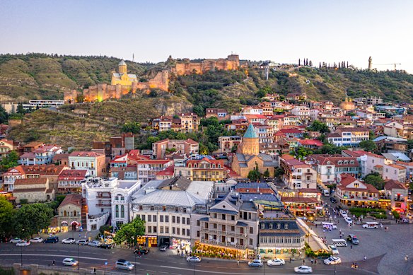 Tbilsi and its old town at sunset.