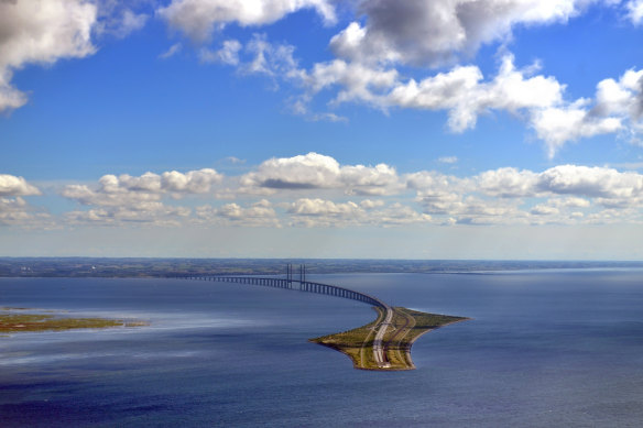 Oresund Bridge with Peberholm artificial island.