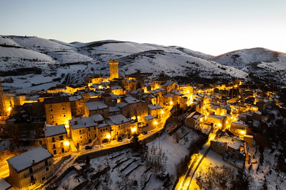 Lights on at the hilltop village of Santo Stefano di Sessanio, nestled in the Apennines. as a new day begins.