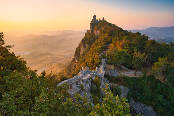 The hike up to the Three Towers of Guaita, Cesta and Montale is steep.