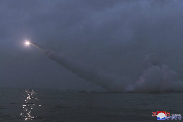 This photo provided by the North Korean government shows what it says is a cruise missile the country test-fired from a submarine off the east coast of North Korea.
