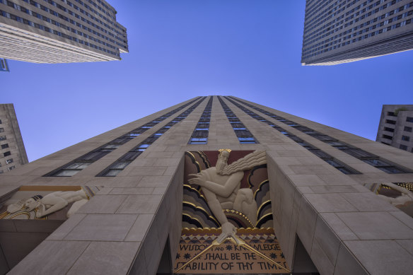 The entrance to the Comcast building and its striking lobby.