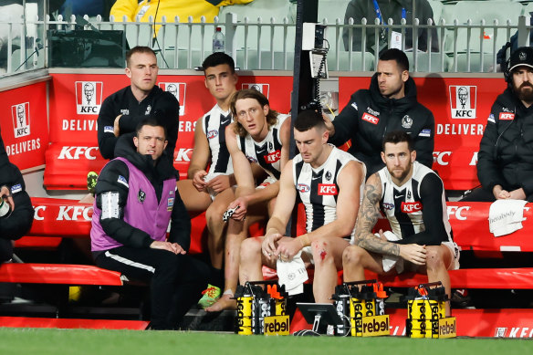 Walking wounded: Tom Mitchell, Nick Daicos and Nathan Murphy on the bench.