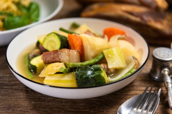 Pot-au-feu is a simple French dish of meat and vegetables.