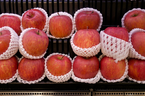 Apples individually packaged at a Japanese supermarket.
