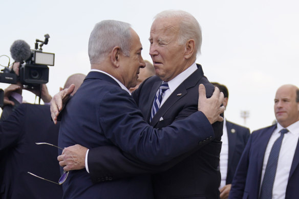 US President Joe Biden is greeted by Israeli Prime Minister Benjamin Netanyahu in Tel Aviv on October 18.