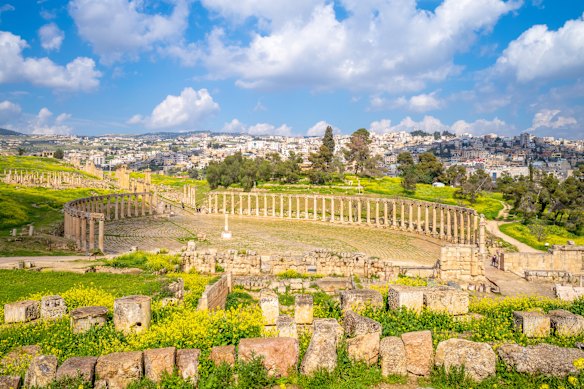 The preserved ruins Oval Forum and Cardo Maximus, at Jerash, Jordan.