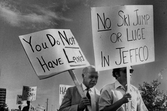 The picket outside the Denver Olympics planning meetings in 1976. 