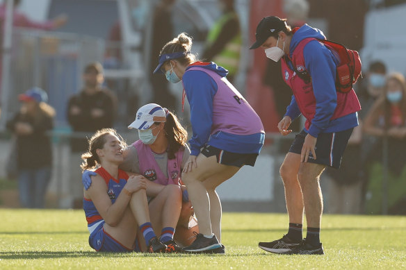 The Bulldogs’ Isabel Huntington suffered another knee injury.
