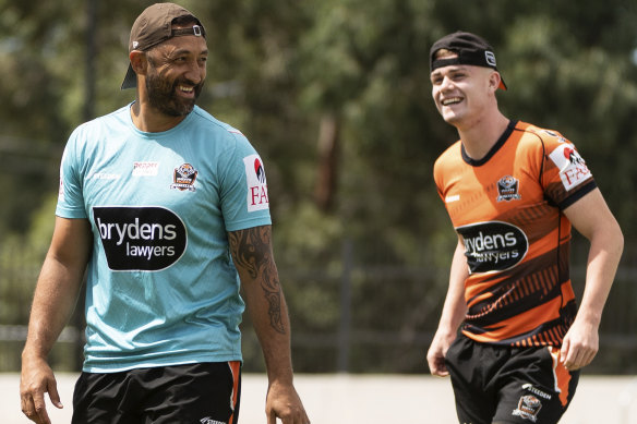 Marshall and apprentice: The Wests Tigers coach and his rookie playmaker Lachlan Galvin.