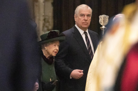 Prince Andrew escorted the Queen into the church after travelling to the service alongside her.