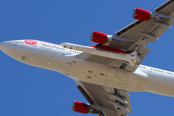 Virgin Orbit Boeing 747-400 rocket launch platform, named Cosmic Girl, takes off from Mojave Air and Space Port, Mojave (MHV) on its second orbital launch demonstration in the Mojave Desert, north of Los Angeles.