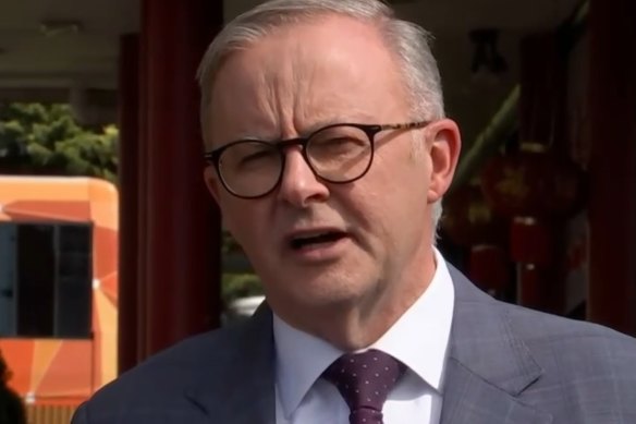 Prime Minister Anthony Albanese addresses the media at Wantirna in Victoria on Thursday.