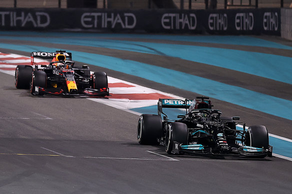 Lewis Hamilton leads Max Verstappen ahead of the final-lap drama in the Abu Dhabi Grand Prix.