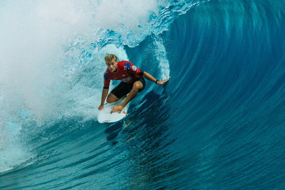 Robinson right at home in a heaving Teahupo’o barrel last month.